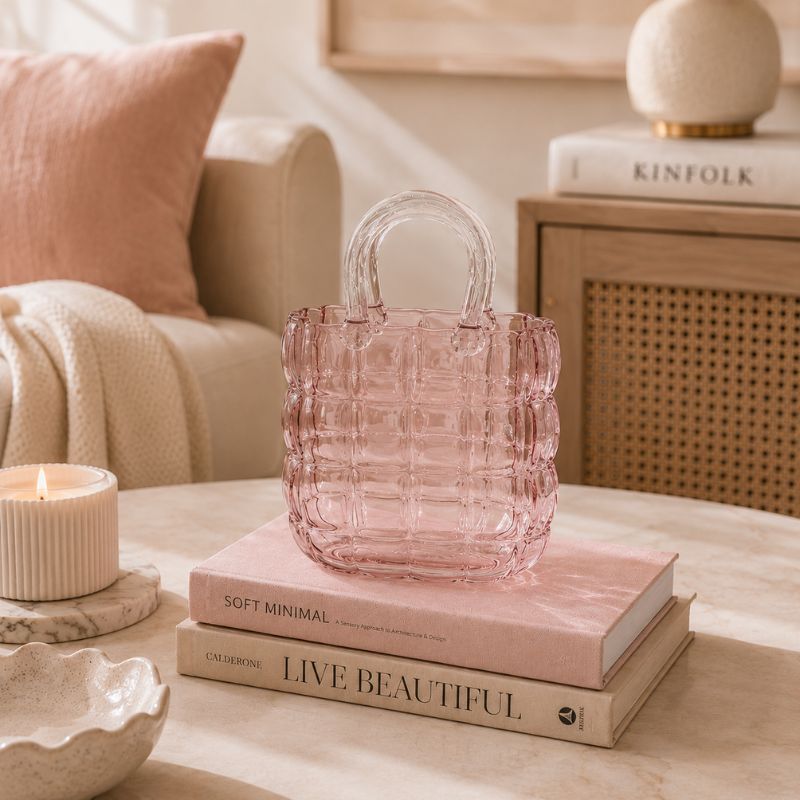 Pink textured handbag on books with a cozy living room background