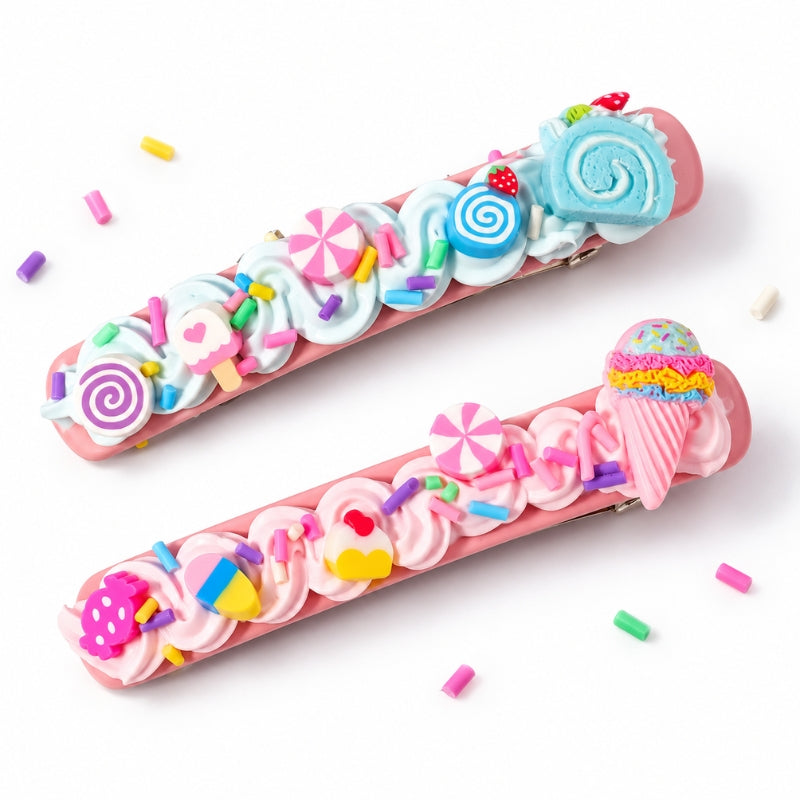 Decorate Your Own Hair Clips - DIY Hair Clip Kit decorated with colorful miniature candy and dessert details, shown on a clean white background.