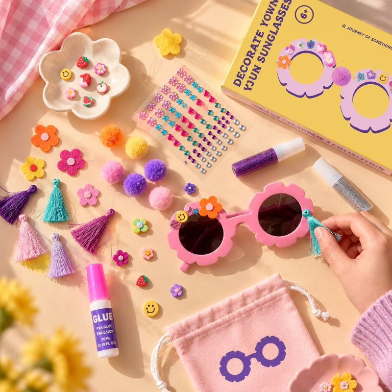Decorate Your Own Sunglasses craft supplies styled with charms, gems, flowers and tassels