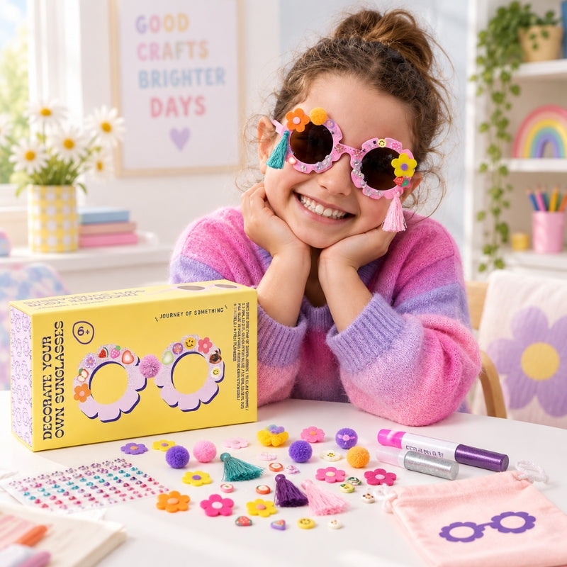 Child decorating colourful flower-shaped sunglasses with the Journey of Something craft kit