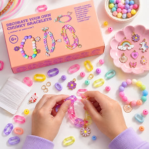 Chunky bracelet making kit with pastel beads, links, charms and finished bracelets