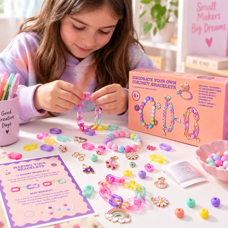 Girl making a colourful chunky bracelet with the Journey of Something craft kit