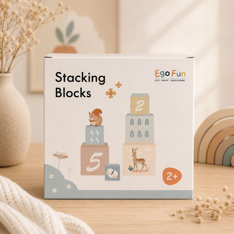 Box of Ego Fun stacking blocks on a wooden surface with decorative elements.