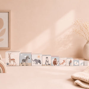 Set of theme-themed stacking cubes cards on a shelf against a pink wall with a framed picture and decorative elements.