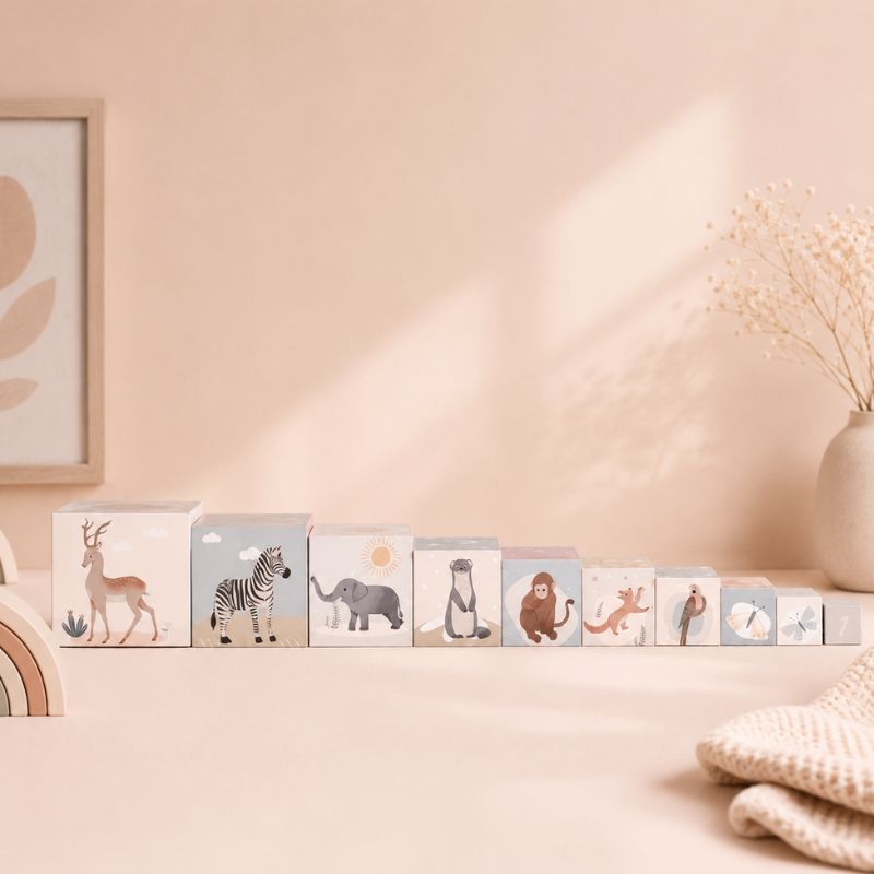 Set of theme-themed stacking cubes cards on a shelf against a pink wall with a framed picture and decorative elements.