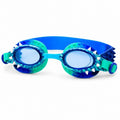 Dino Royal swim goggles with blue and turquoise dinosaur-inspired design and adjustable silicone strap