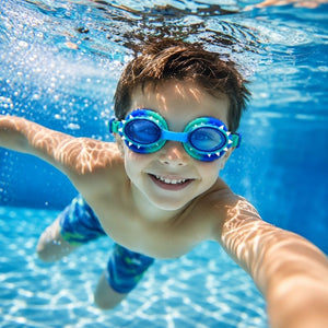 Child swimming underwater wearing Dino Royal swim goggles in a crystal-clear swimming pool
