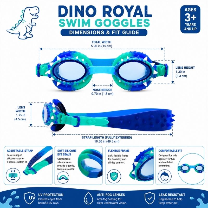 Dino Royal swim goggles dimensions and fit guide showing measurements, adjustable strap, and ergonomic fit for kids ages 3 and up