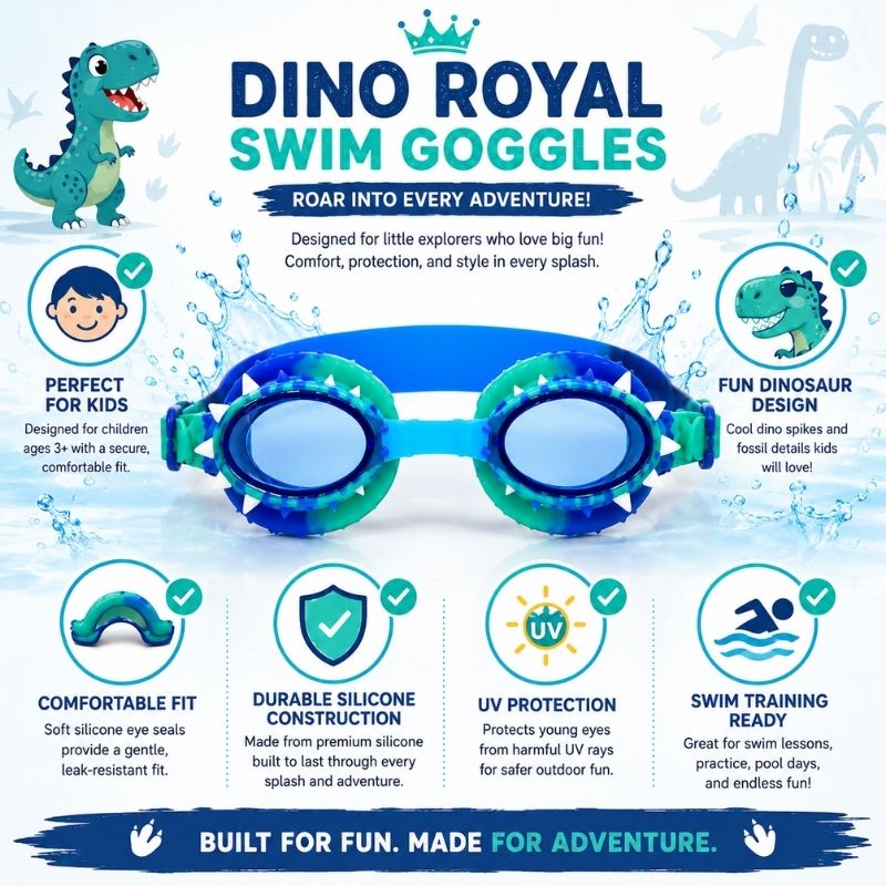 Dino Royal swim goggles infographic highlighting dinosaur design, UV protection, comfort, and swim training benefits