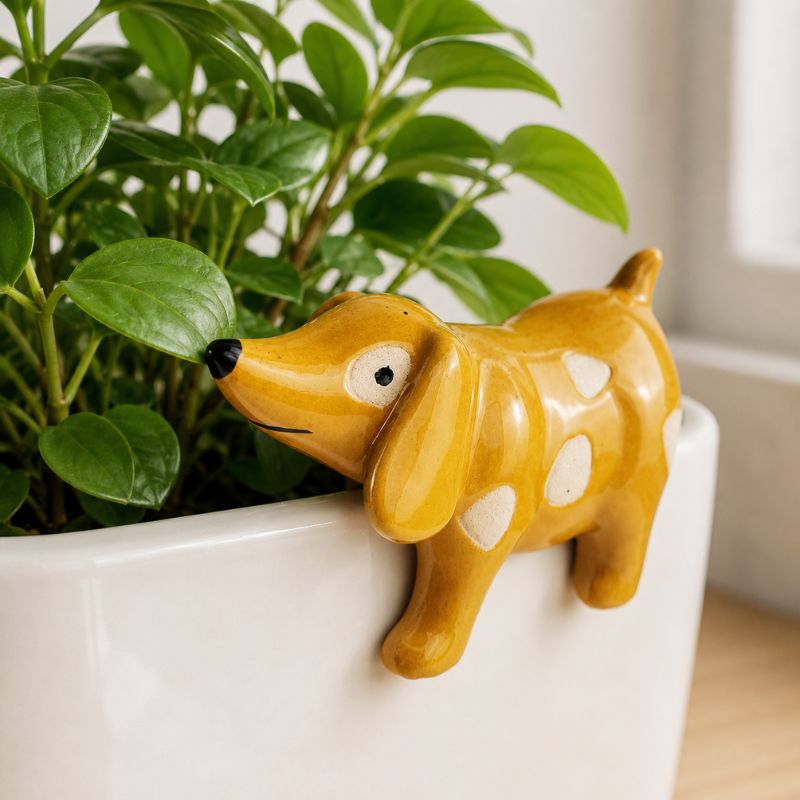A glossy yellow ceramic dachshund figurine with white spots and a black nose, leaning over the edge of a white planter filled with green foliage.-Dog Pot Hanger