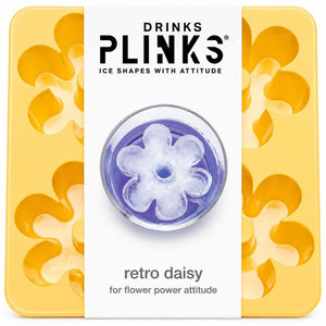 Drinks Plinks - Retro Daisy Yellow Ice Cube Tray in a yellow square tray with a white center label showing a flower-shaped clear ice cube and the text 'retro daisy for flower power attitude'.