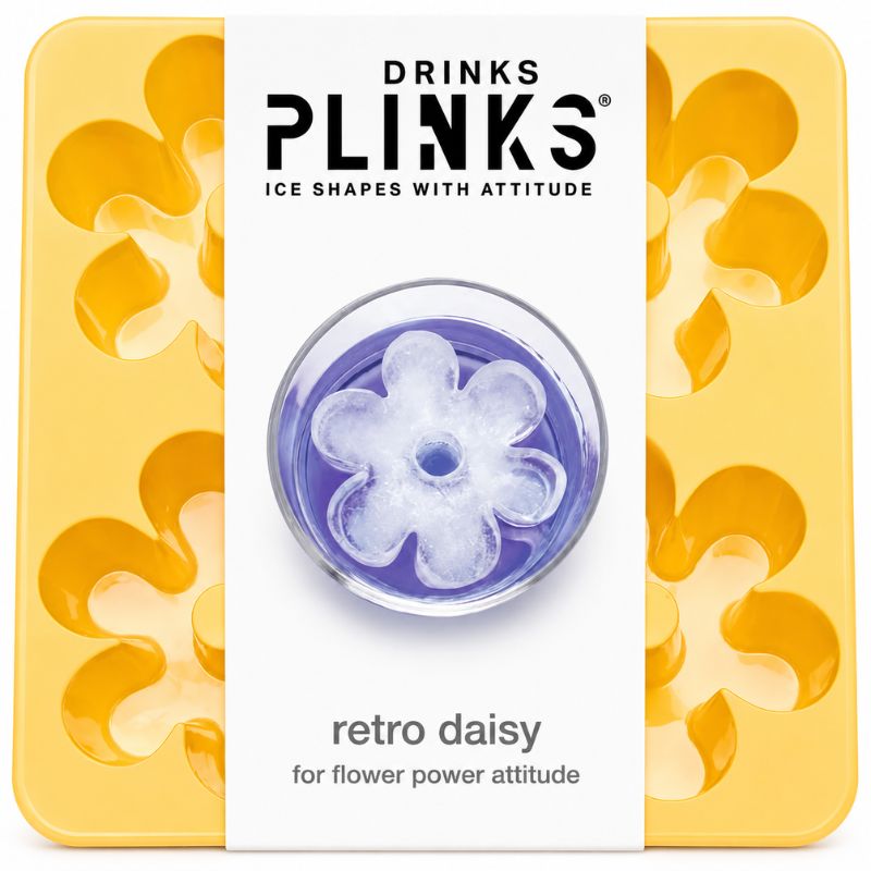 Drinks Plinks - Retro Daisy Yellow Ice Cube Tray in a yellow square tray with a white center label showing a flower-shaped clear ice cube and the text 'retro daisy for flower power attitude'.