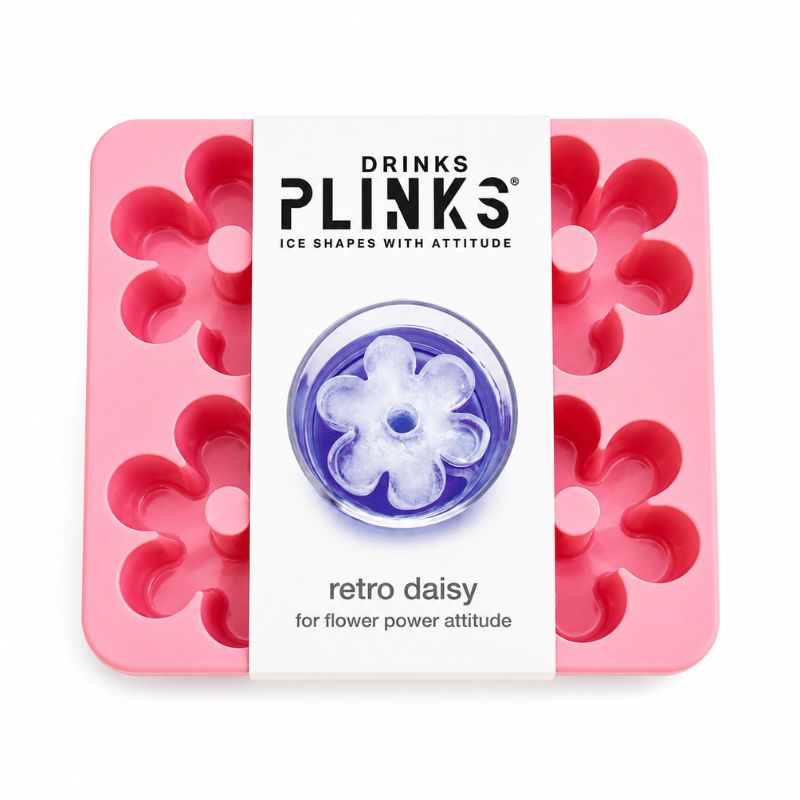 Drinks Plinks - Retro Daisy Pink Ice Cube Tray with a white paper label in the center reading 'DRINKS PLINKS' and 'retro daisy', shown on a white background.