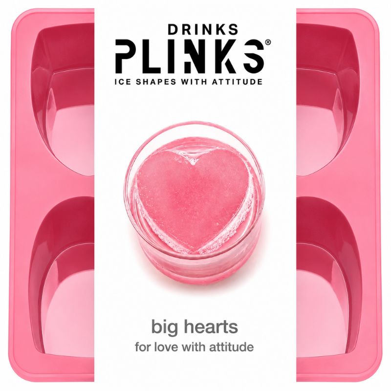 Drinks Plinks -Big Heart Pink Ice Cube Tray shown with a white vertical label in the center featuring the brand name 'DRINKS PLINKS' and a heart-shaped pink ice cube in a glass, with the text 'big hearts for love with attitude'.