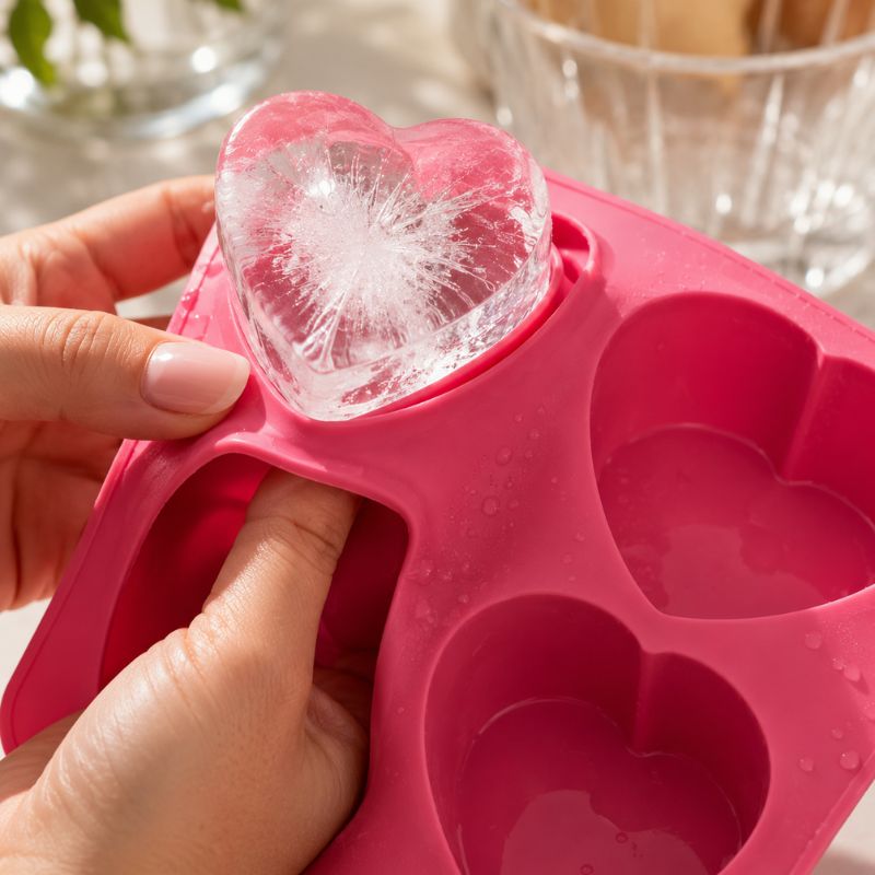 A close-up of hands holding a Drinks Plinks - Big Heart Pink Ice Cube Tray with one heart cavity filled with a clear ice heart and being lifted by fingers.