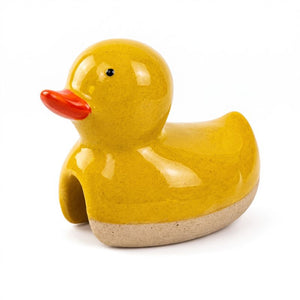 A small ceramic duck-shaped object with a glossy yellow body, orange beak, and a light beige textured base, photographed on a clean white background.-Ducky Pot Hanger Yellow 8cm