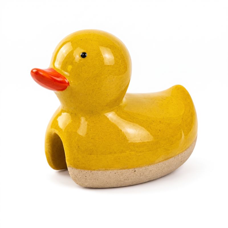 A small ceramic duck-shaped object with a glossy yellow body, orange beak, and a light beige textured base, photographed on a clean white background.-Ducky Pot Hanger Yellow 8cm