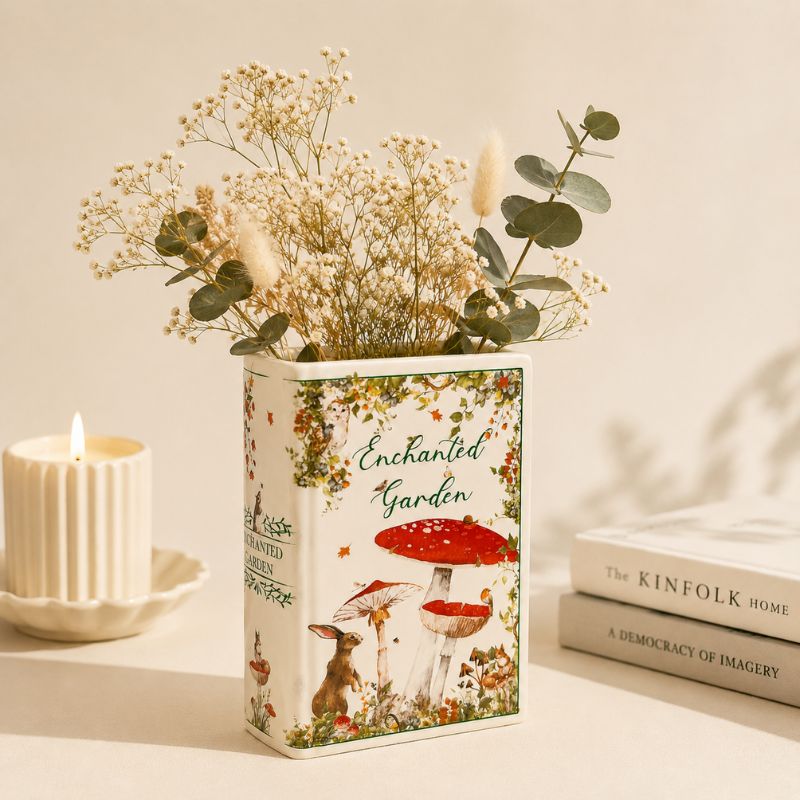 Decorative vase with floral arrangement on a surface with books and a candle.-Loveshack Giftware