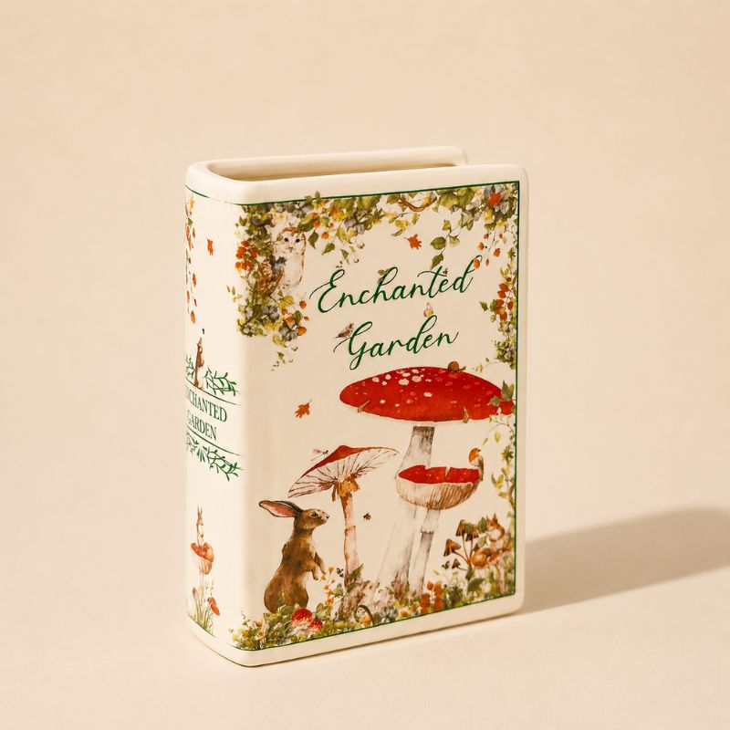 Rectangular container with 'Enchanted Garden' design featuring mushrooms and animals on a beige- background-Loveshack Giftware