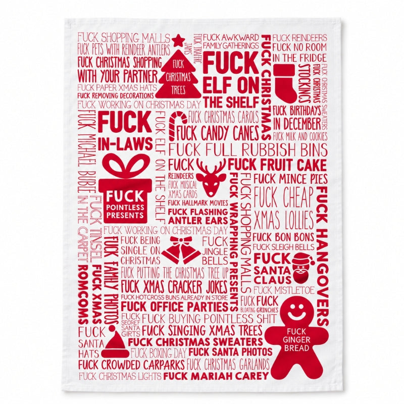 Annabel Trends F Word Xmas Red cotton tea towel with festive red typography