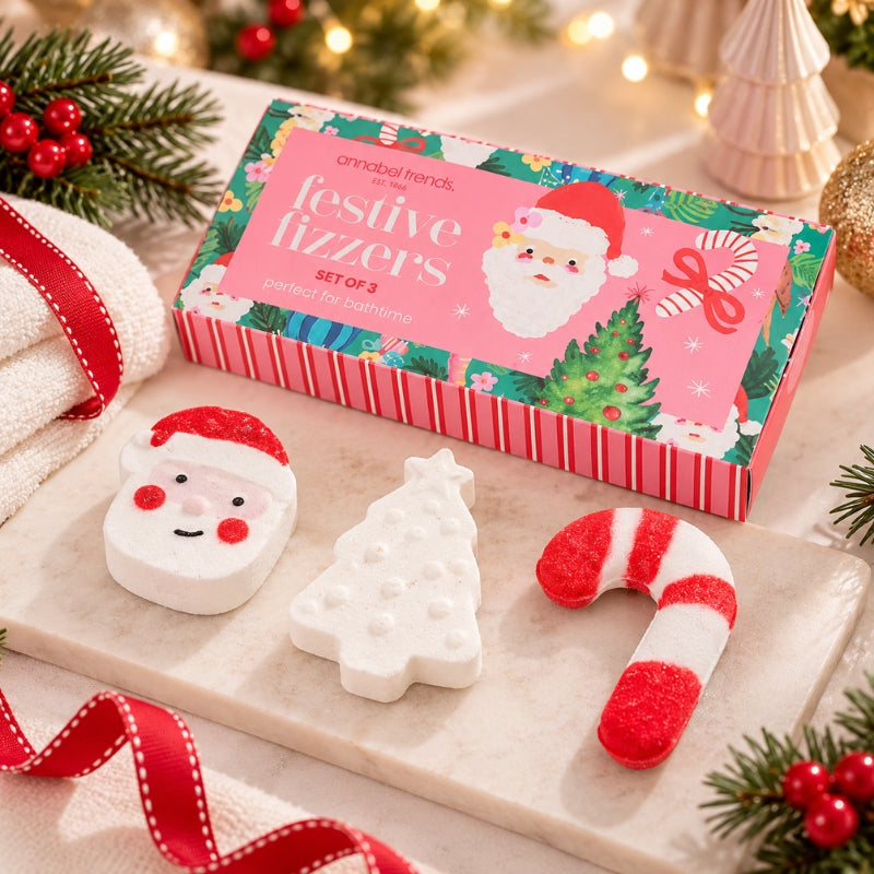Festive Bath Fizzers gift box with Santa, Christmas Tree and Candy Cane bath bombs