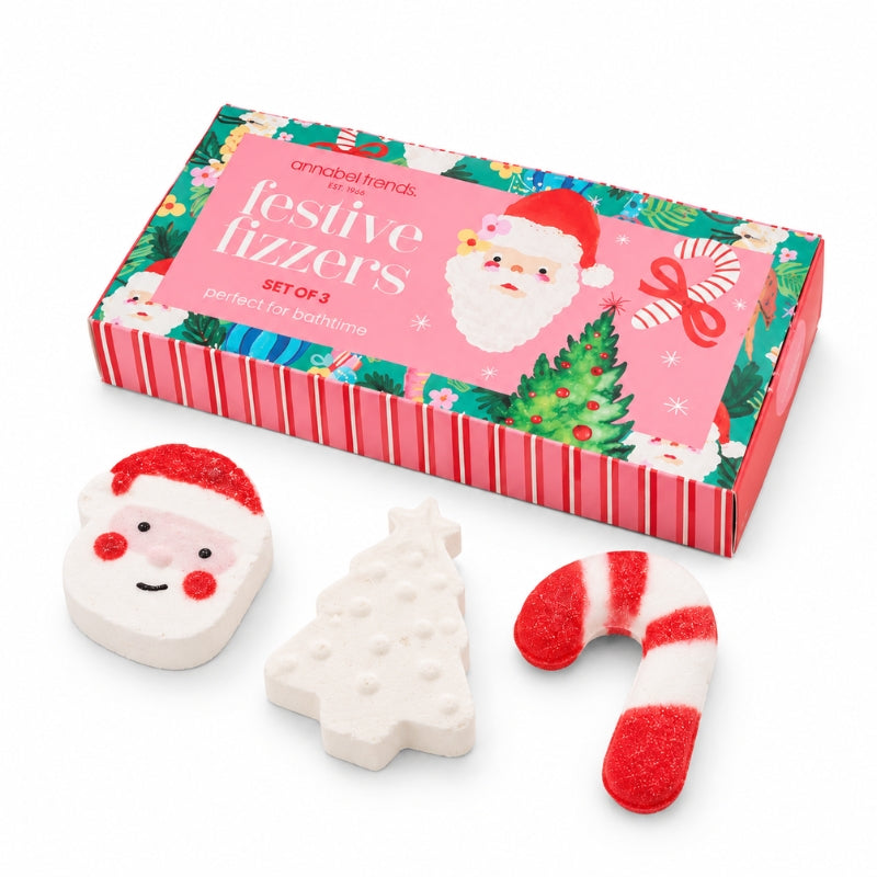 Festive Bath Fizzers 3pc gift box with three Christmas-shaped bath bombs on white background