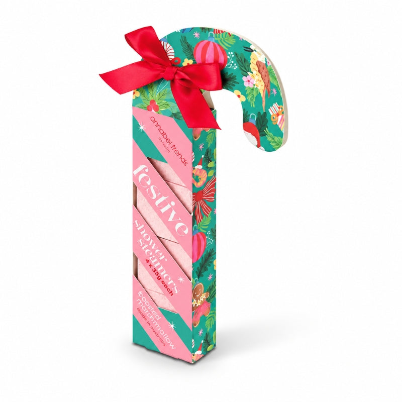 Festive Candy Cane Shower Steamers gift box with red ribbon on white background