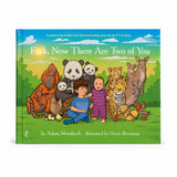 Children's board book titled "F*ck, Now There Are Two of You" by Adam Mansbach, illustrated by Owen Brozman, featuring a colorful cartoon illustration of animals and two children on a grassy landscape.