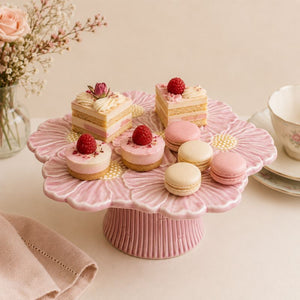 Pastel desserts on a pink floral cake stand with a light background