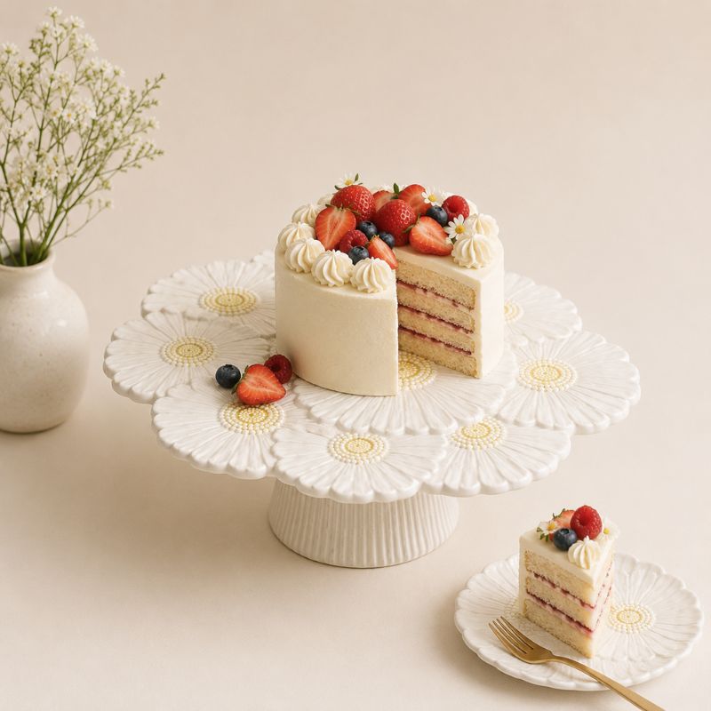 Decorative cake stand with a cake and berries on a light background