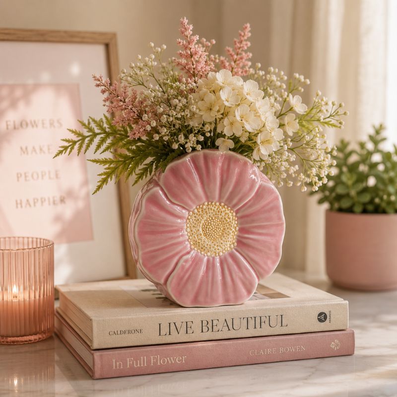 Pink floral vase on books with a soft, warm background-Loveshack Giftware