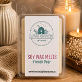Love Shack Giftware French Pear Soy Wax Melts handmade Australian soy wax home fragrance melts in clamshell packaging.