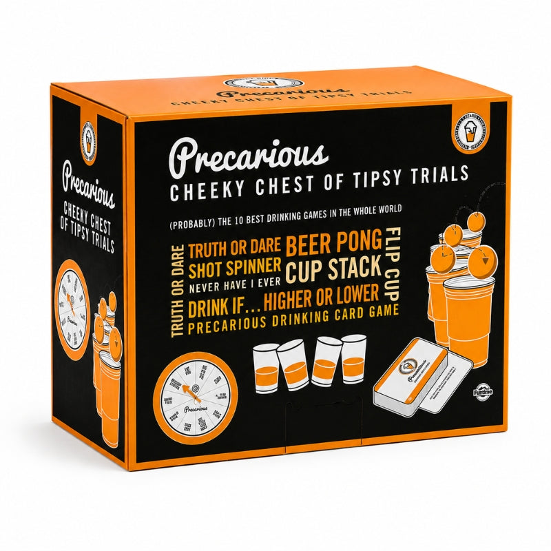 Precarious Cheeky Chest of Tipsy Trials game box, featuring a black and orange color scheme with illustrations of drinking games and cups.