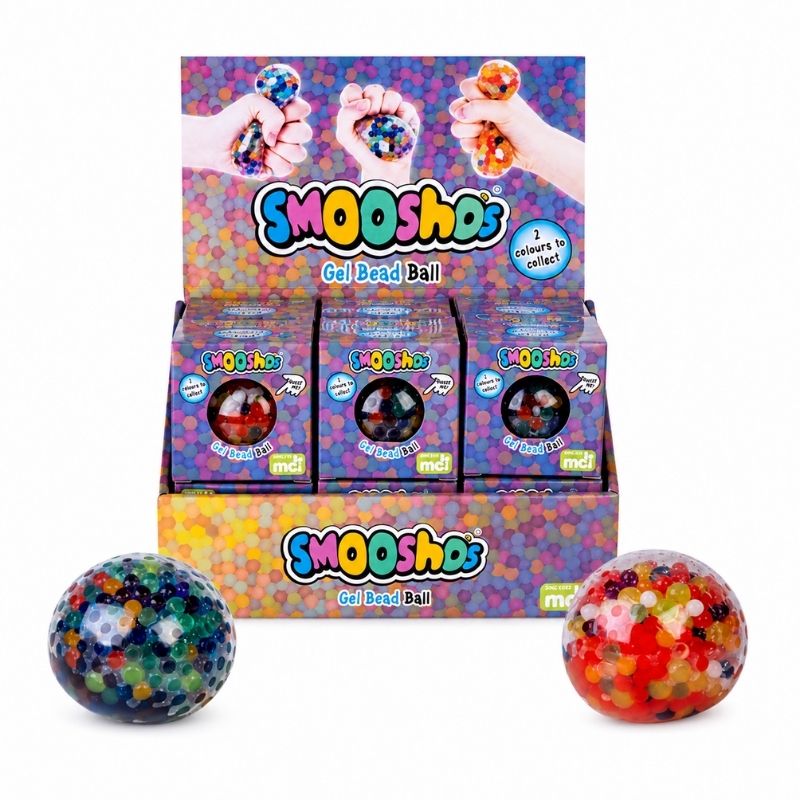 A display box of SMOOshOs Gel Bead Ball stress toys with two colorful balls in front on a white background.