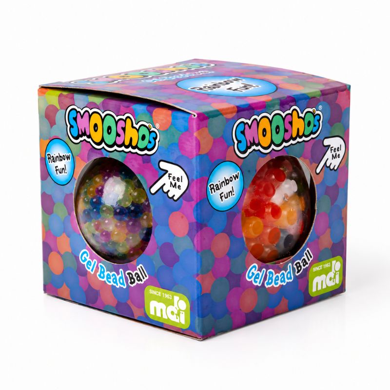 A boxed Gel Bead Multi Smooshos Ball on a plain white background. The packaging is colorful with a polka-dot pattern and two circular windows showing the gel beads inside.