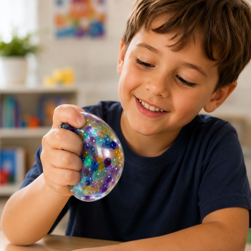 A young boy with brown hair smiles while squeezing a Gel Bead Multi Smooshos Ball. He is wearing a navy blue t-shirt and sitting at a table in a brightly lit room.