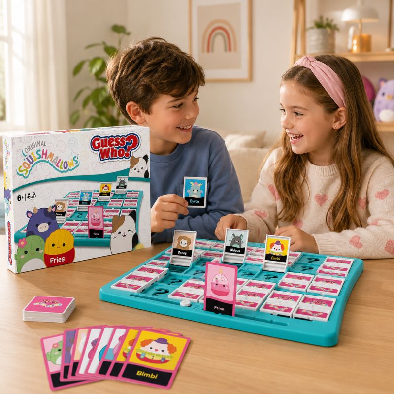 Two children playing a colorful Guess Who - Squishmallows Edition Board Game called Guess Who? on a wooden table in a bright, cozy room. The turquoise game board, pink and white cards, character cards, and the retail box are all visible, with the children smiling and interacting.