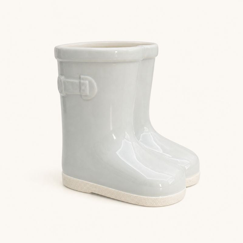 Sage gumboot planter ceramic boot pot on clean beige background