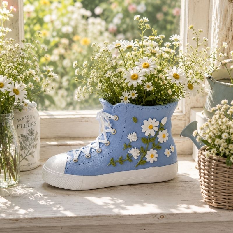 Gym Boot Resin Vessel Blue 11cm on a windowsill with floral decorations