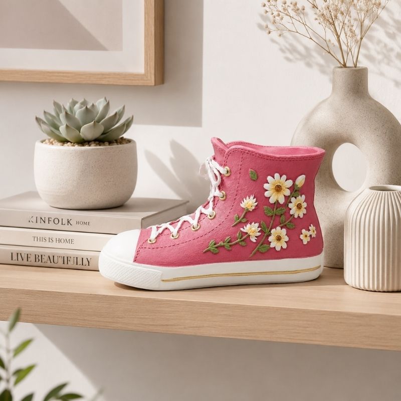 Pink floral gym boot resin vessel displayed on a modern wooden shelf with decorative books, succulent plant, and ceramic décor.