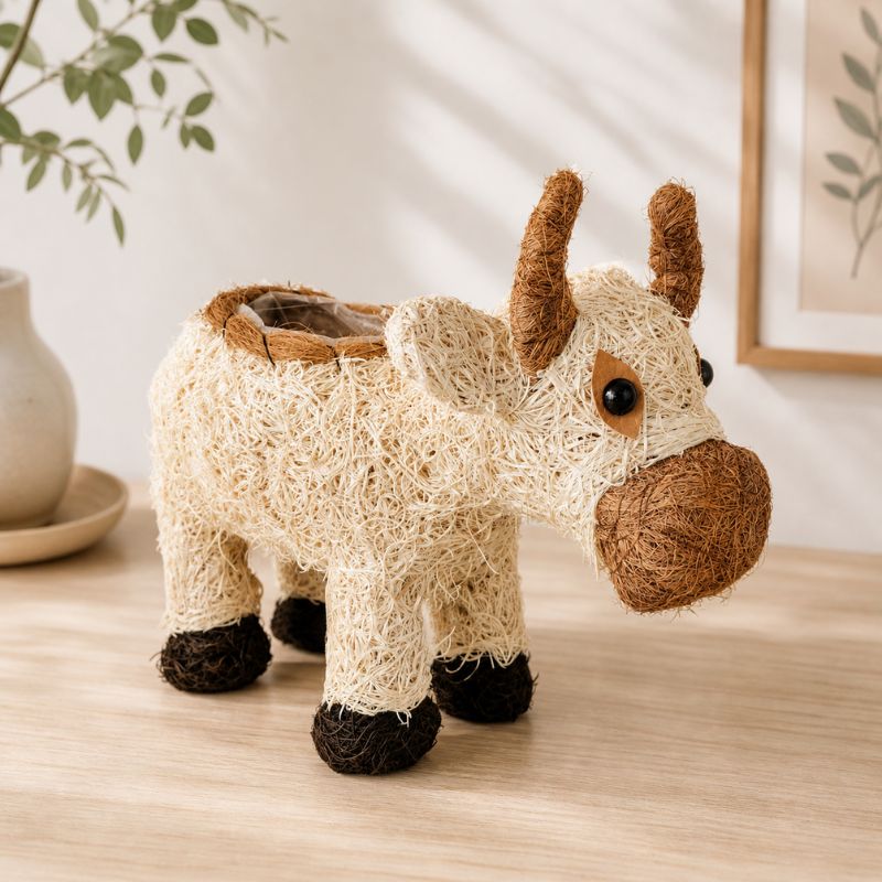 Cow planter with greenery in cozy modern home setting