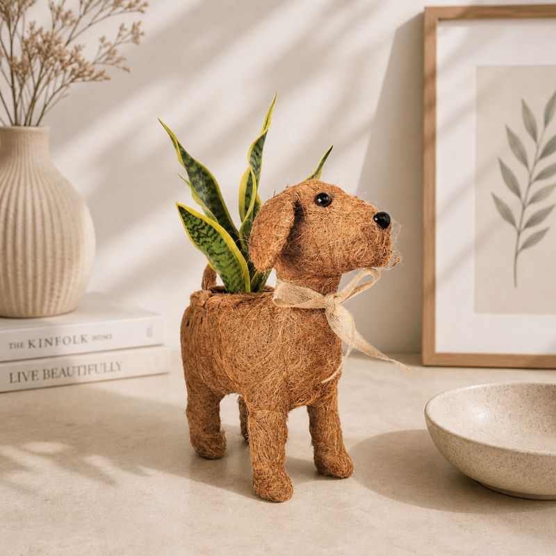Dog planter with plant styled in minimalist neutral home decor