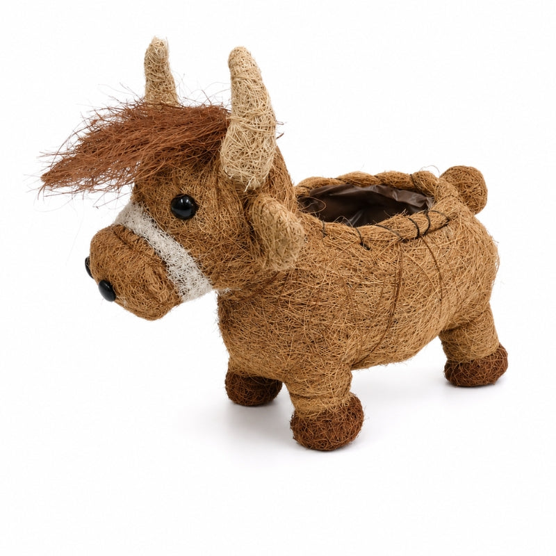 HUSK Highland cow planter in brown coconut fibre with horns and open planting compartment