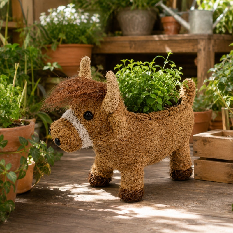 HUSK Highland cow planter with greenery displayed in a rustic garden setting