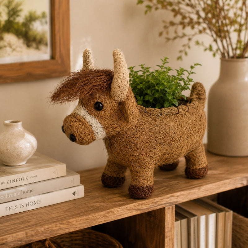 HUSK Highland cow planter with green plant styled on a warm wooden shelf