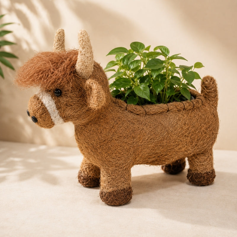 Large HUSK Highland cow coconut fibre planter styled with a leafy green plant