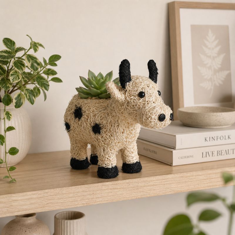 Aesthetic animal planter on shelf with indoor greenery