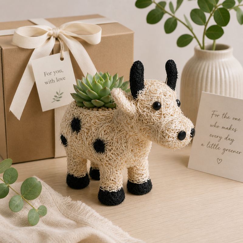Cow planter displayed with gift box in soft aesthetic setting