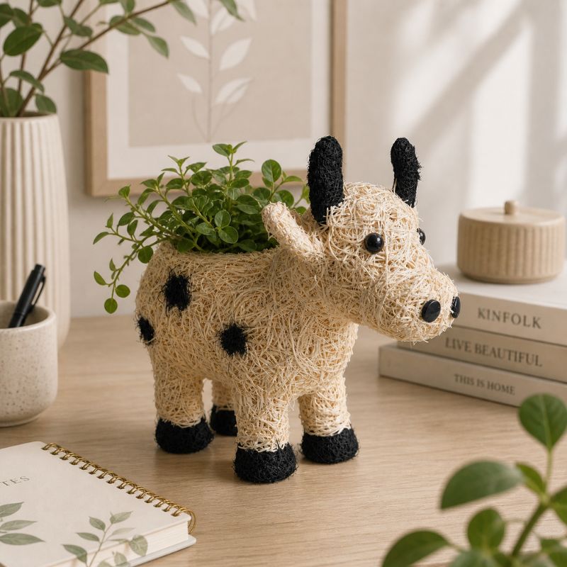 Cute cow planter with succulent styled in minimalist home decor