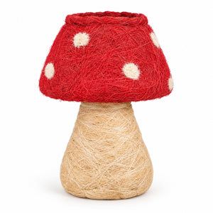 A HUSK Toadstool Planter – Red & White 19cm with a red felt cap, white felt spots, and a natural beige wrapped stem, photographed on a plain white background.